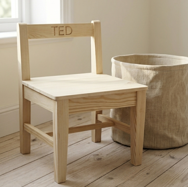 En enkel, obearbetad trästol med fyrkantig sits och rak rygg.